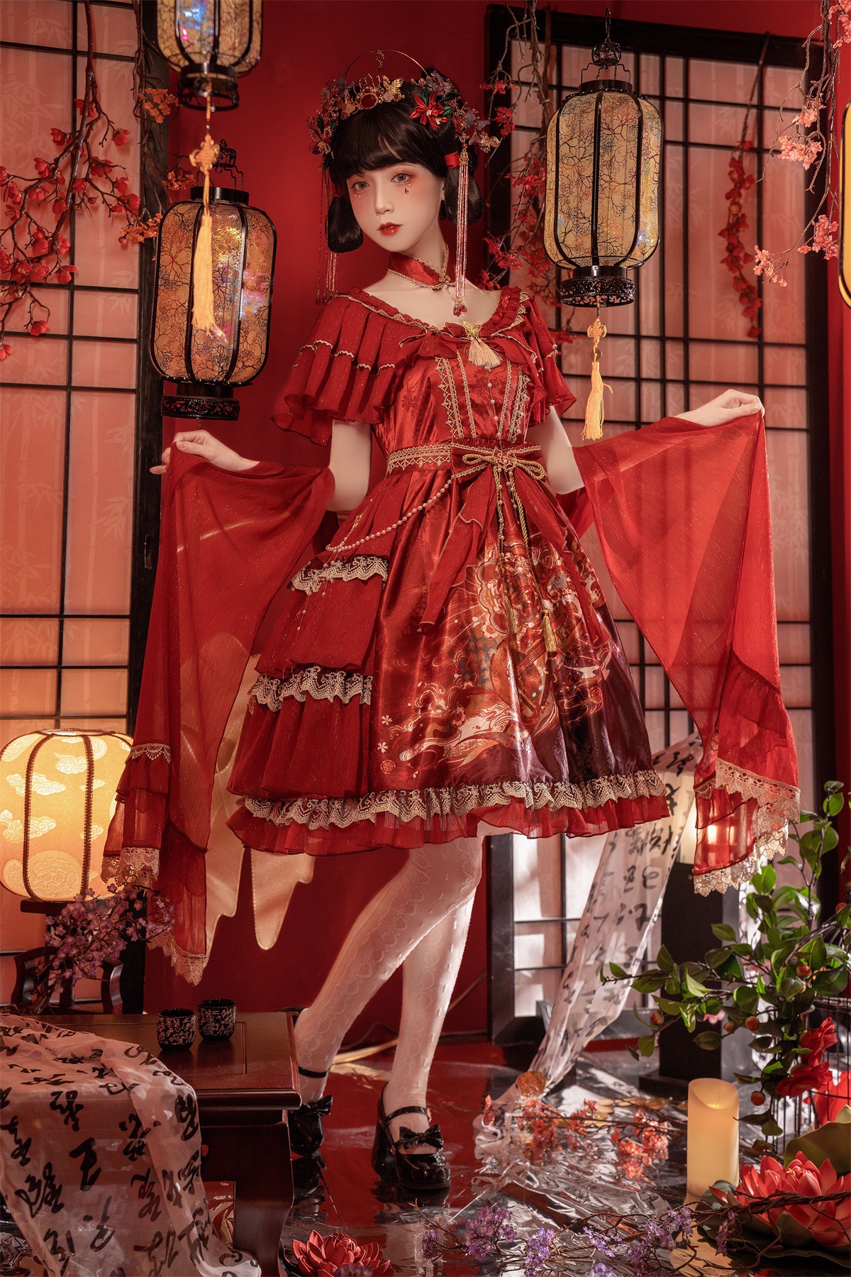 琵琶op国风少女复古优雅日常气质lolita洛丽塔短袖连衣裙 红色连衣裙