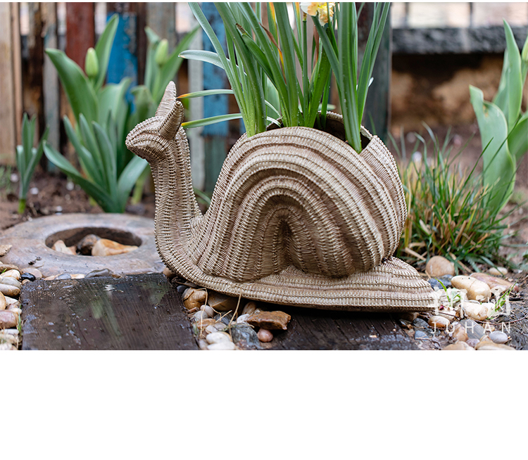 编织蜗牛动物造型花盆花器创意多肉摆件花园装饰编织蜗牛花盆a款大