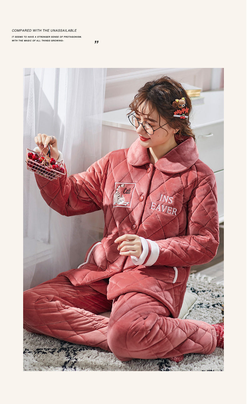 南极人睡衣女秋冬季三层夹棉珊瑚绒可爱加厚保暖法兰绒家居服套装
