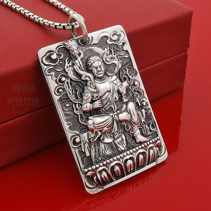 美芙仁生肖鸡本命年守护神不动尊菩萨足银吊坠佛牌大项链纯银饰品
