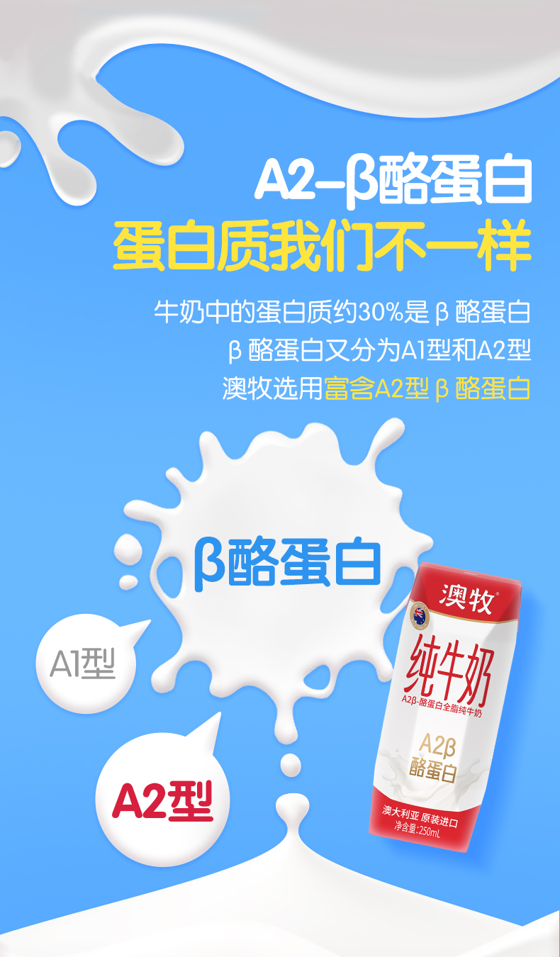 澳牧澳大利亚原装进口全脂牛奶250ml12盒a2β酪蛋白纯牛奶婴幼童