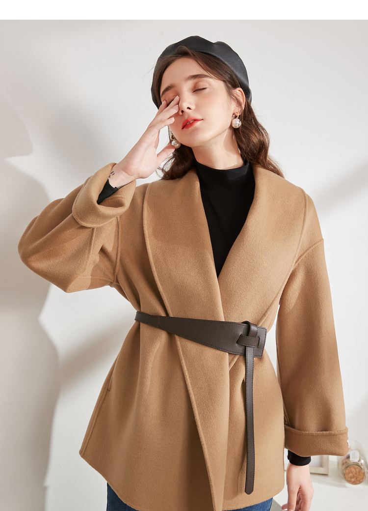 三彩2020冬季新款简洁不失造型感连襟衣领宽松毛呢大衣女