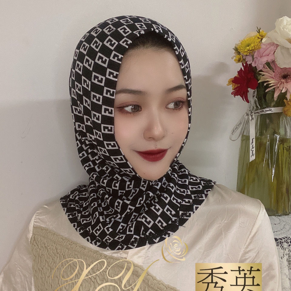 穆斯林纱巾新款头套夏季暗扣潮牌字母帽子套头回族盖头休闲巾m黑秀英