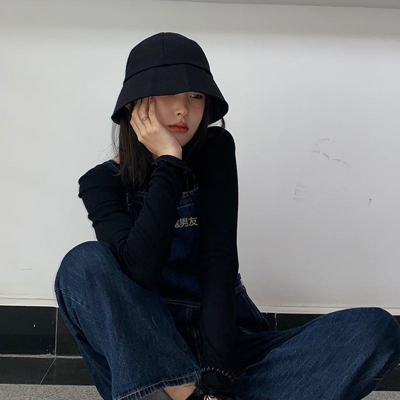 new lake不洗头也可以戴的简约纯黑色渔夫帽基础款水桶帽子日系春夏季