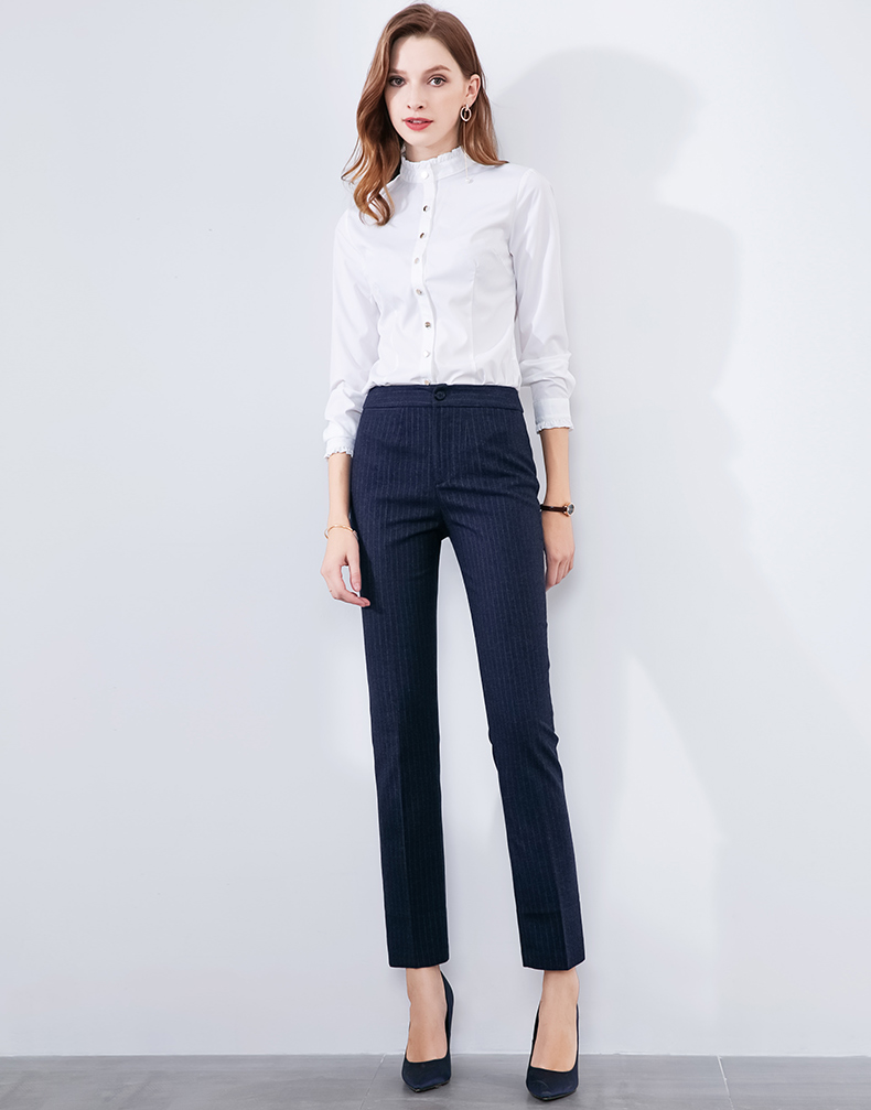 女士西裤 晚白女裤装2019新品百搭职业高腰条纹通勤西装裤职业裤长裤