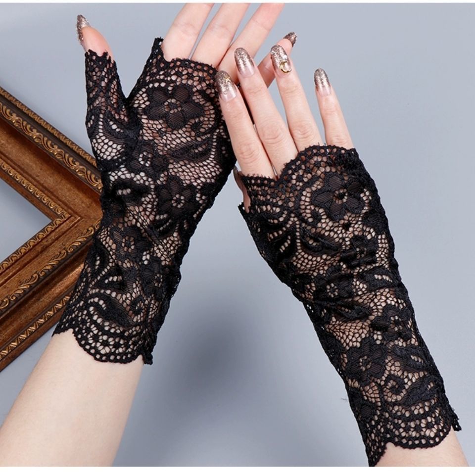 蕾丝手套薄夏季户外半指运动装饰骑车行户外女士冰丝防晒