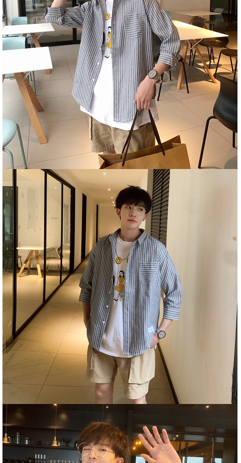 七分袖条纹衬衫男韩版潮流痞帅气短袖衬衣港风日系很仙的上衣