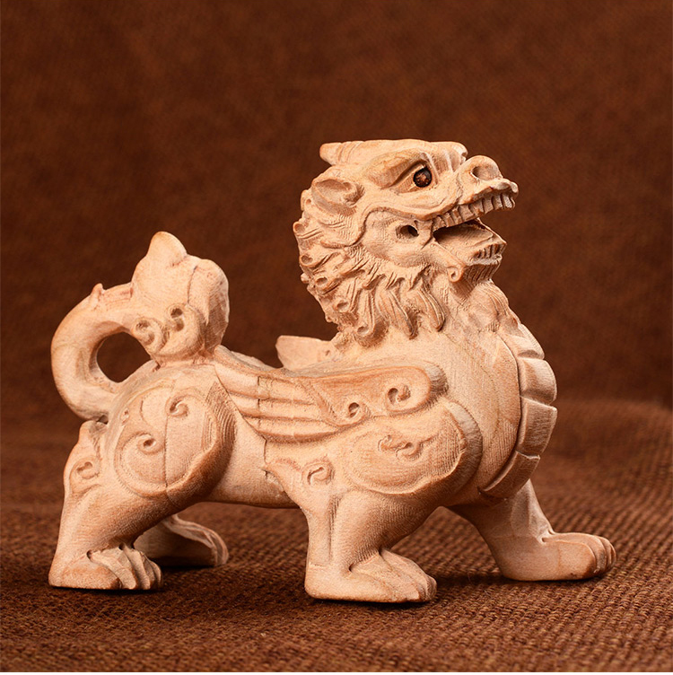 宏图好运 桃木麒麟摆件小号木雕麒麟家居礼品摆件适合卧室摆放