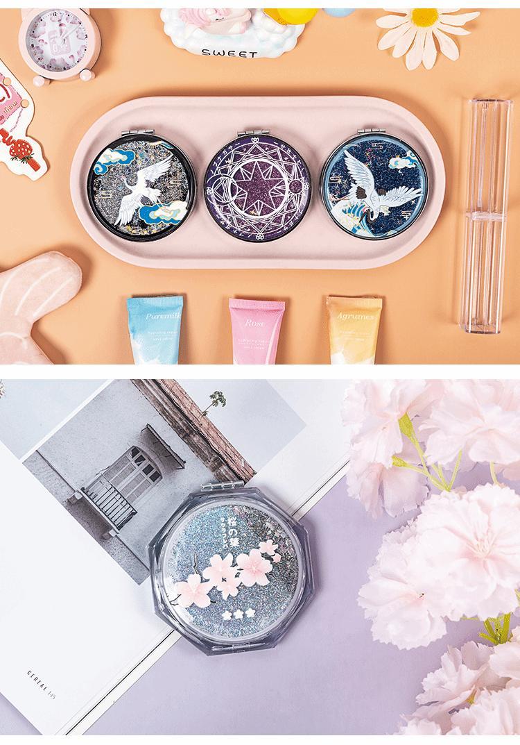 花小西韩国创意流沙化妆镜迷你翻盖随身便携式小镜子可爱少女心双面镜