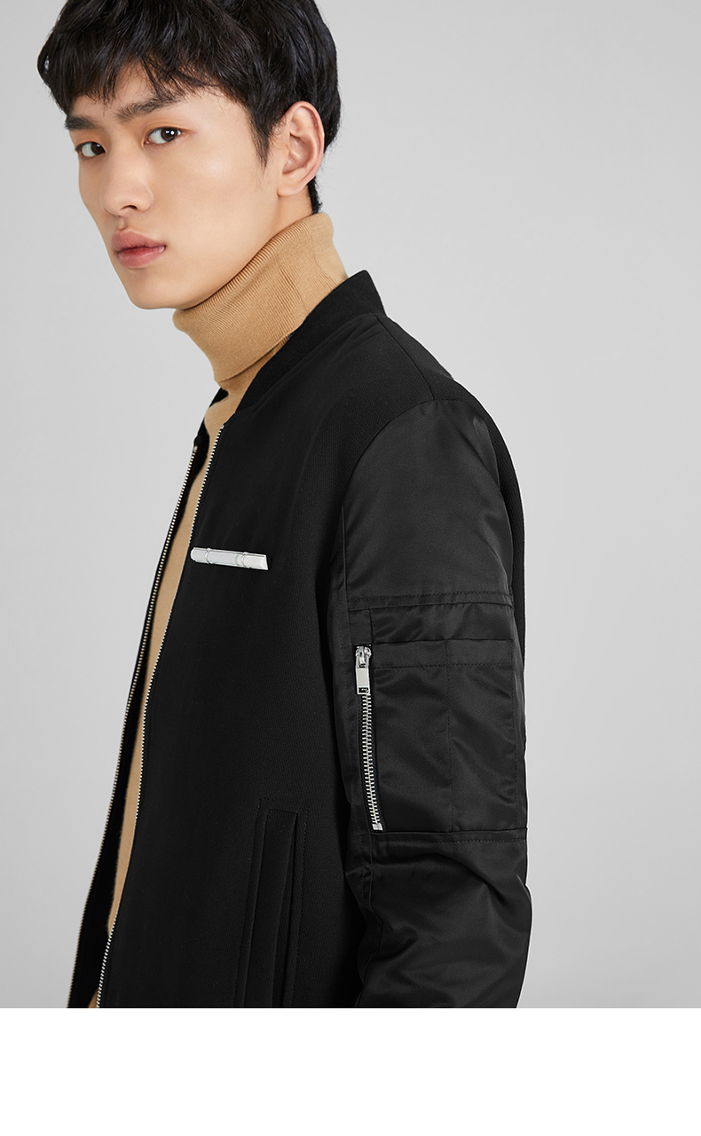 太平鸟男装 秋冬毛呢夹克拼接外套韩版修身夹克衫刺绣茄克潮