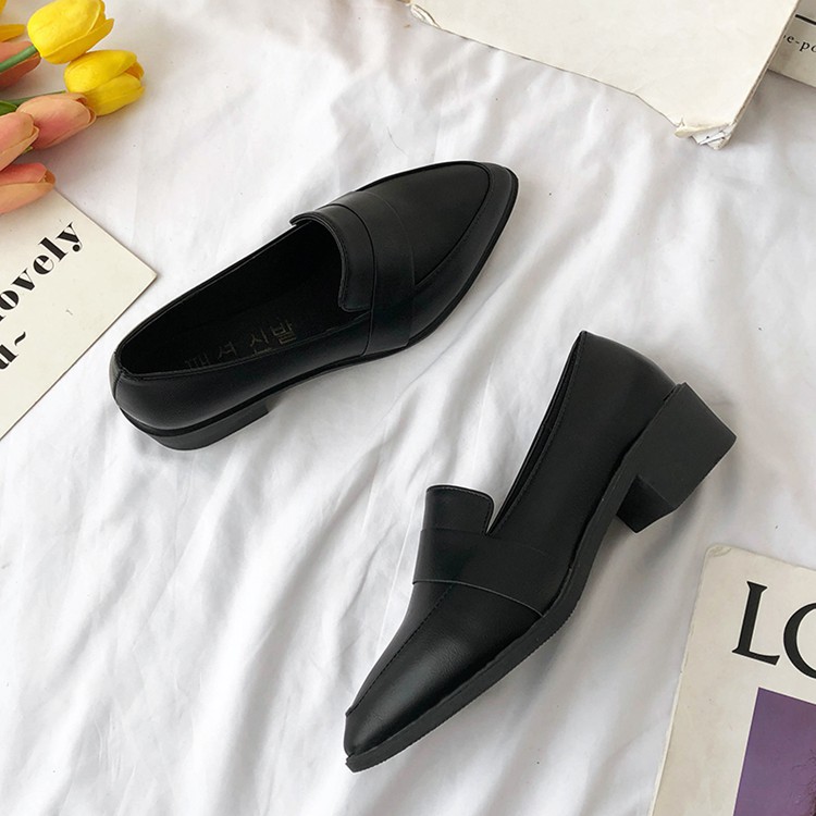 英伦风ins小皮鞋女一脚蹬chic黑色尖头粗跟复古百搭单鞋工作鞋 广赫
