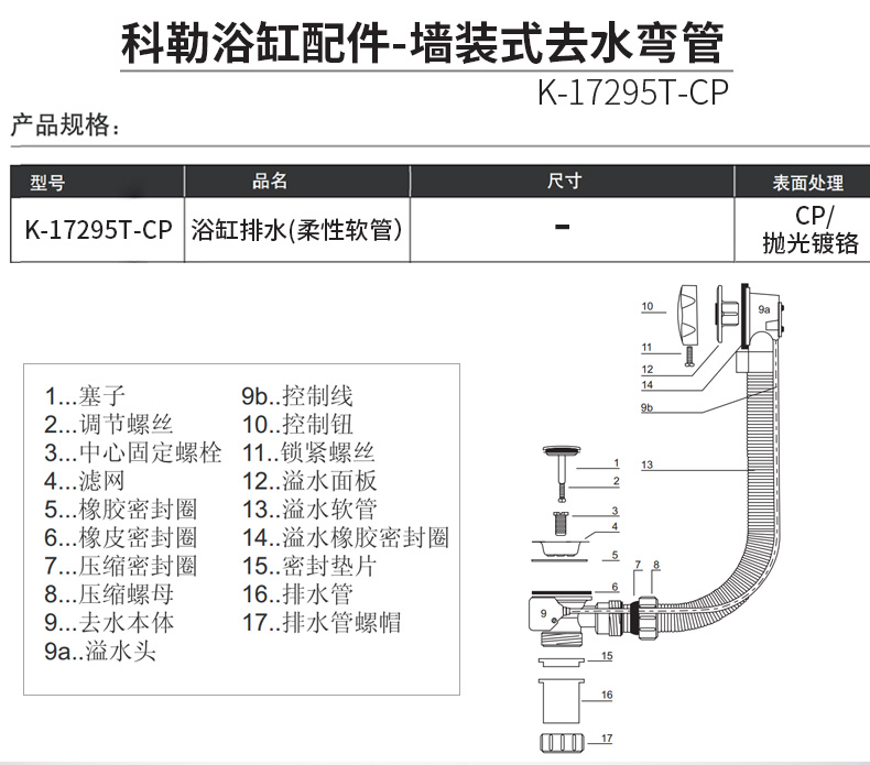 科勒kohler卫浴配件浴缸排水下水器浴缸排水管含溢水k17295tcp