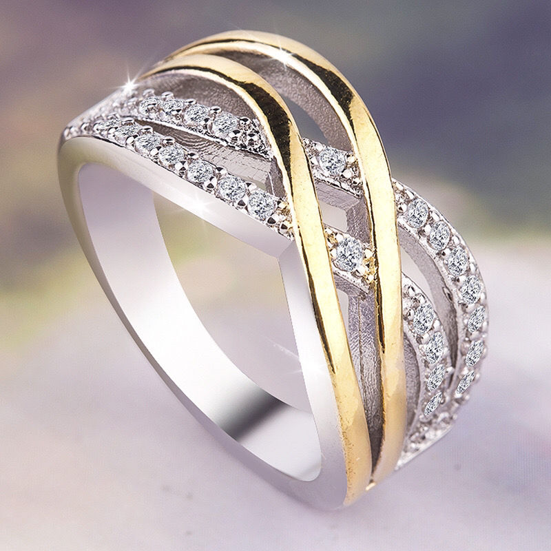 镶锆石戒指女金色奢华双色钻石日韩简约时尚女戒宴会百搭手饰品 zx212