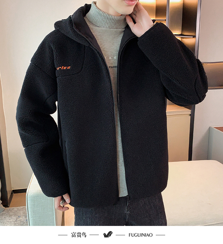 富贵鸟羊羔绒外套男装大码韩版潮流秋冬新款男士休闲厚款保暖连帽夹克
