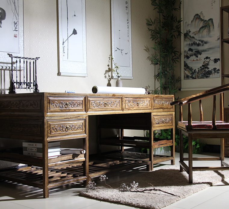 逸家伴侣实木中式书桌办公桌仿古书房家具榆木花画案书法桌中医馆诊桌