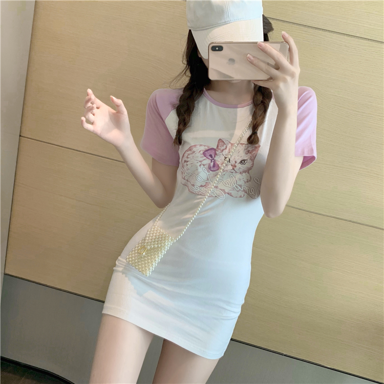 短袖女2020夏季新款韩版粉色撞色圆领可动物印中长款包臀t恤