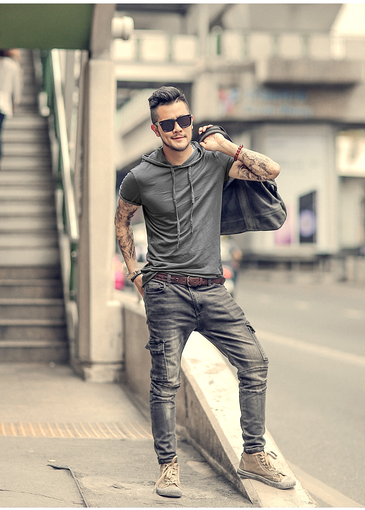 欧蔓得2019夏装新款棉t潮男长版连帽t恤男装帽子短袖t恤