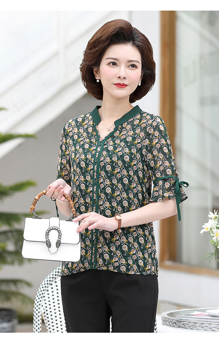 与牧妈妈夏装时尚洋气减龄阔太太小衫雪纺衫中老年大码女装上衣新款