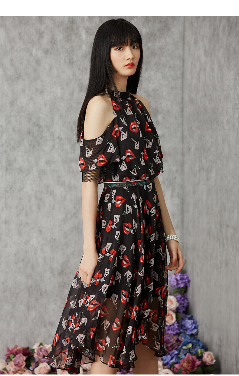 菲儿女装夏露肩连衣裙不规则裙摆印花长裙女