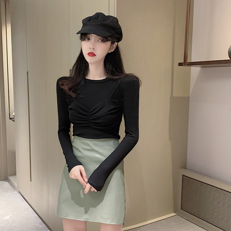 孜牧欧货小众设计感气质成熟收腰长袖t恤女早秋时髦修身显瘦打底上衣