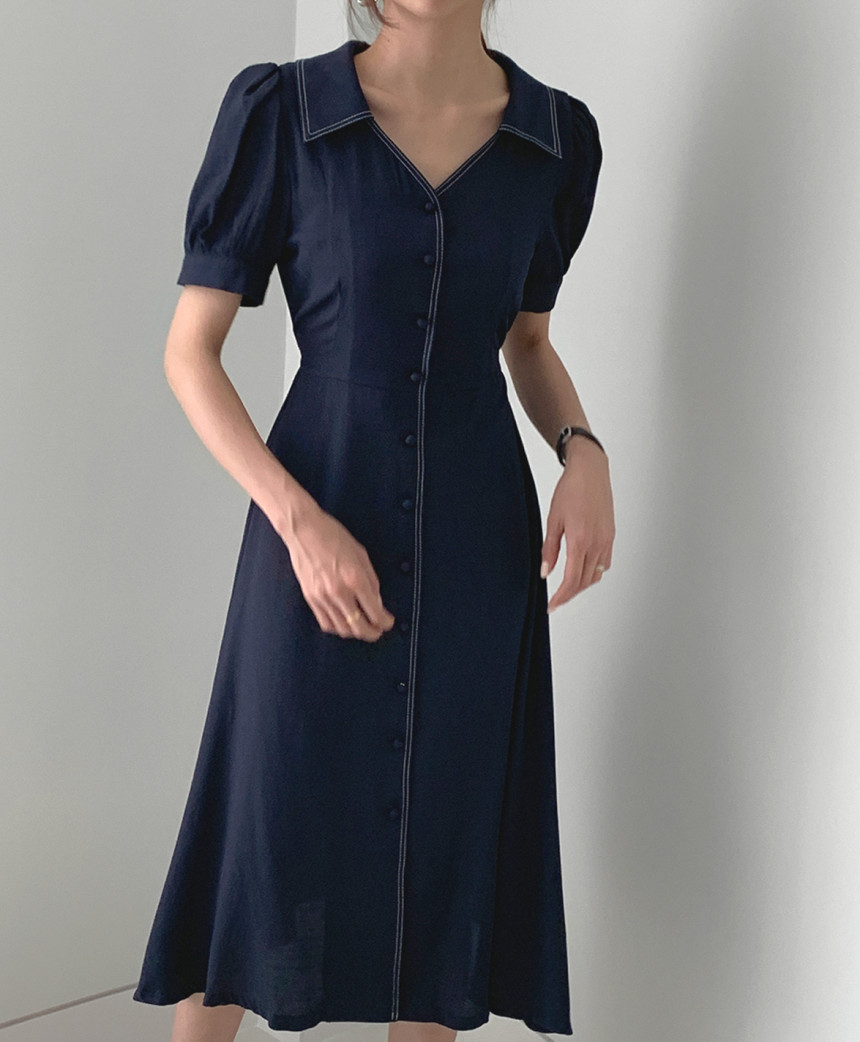 玳恩韩国chic法式小众春夏装气质单排扣修身收腰显瘦长款明线连衣裙女
