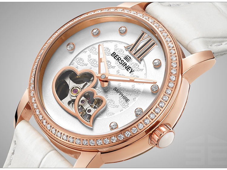 bersiney(波西尼)自动机械表手表女镶钻时尚镂空大表盘腕表皮带50米