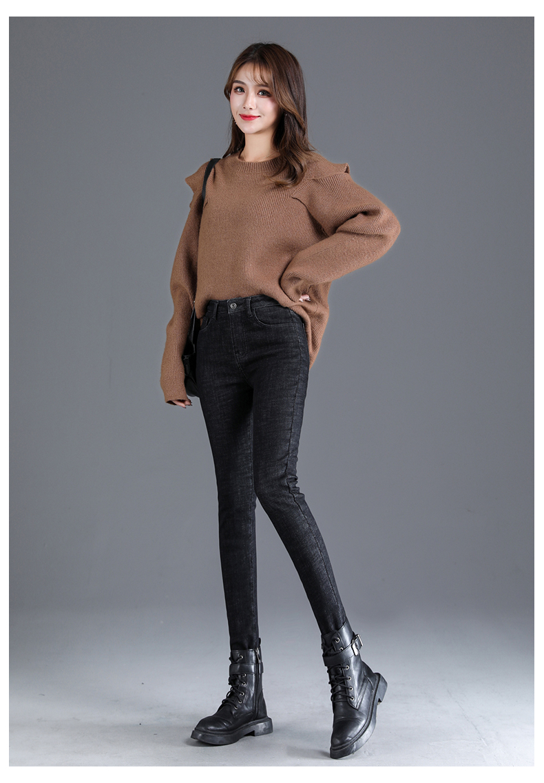 轻奢世家2020年冬季新款女士加绒加厚牛仔裤女高腰弹力时尚修身小脚