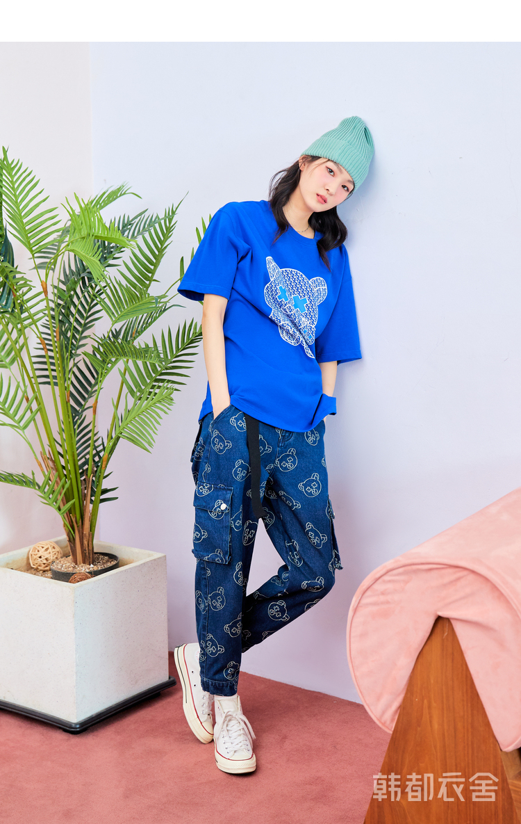 韩都衣舍啵啵熊短袖t恤女2021夏新款新疆棉宽松情侣装正肩上衣女