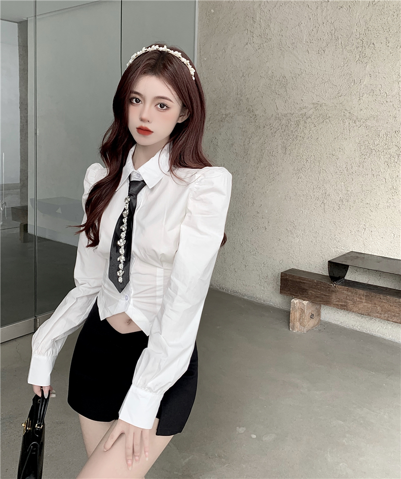 希杰狮王领带衬衫女设计感小众重工修身短款长袖衬衣2022春季新款白色