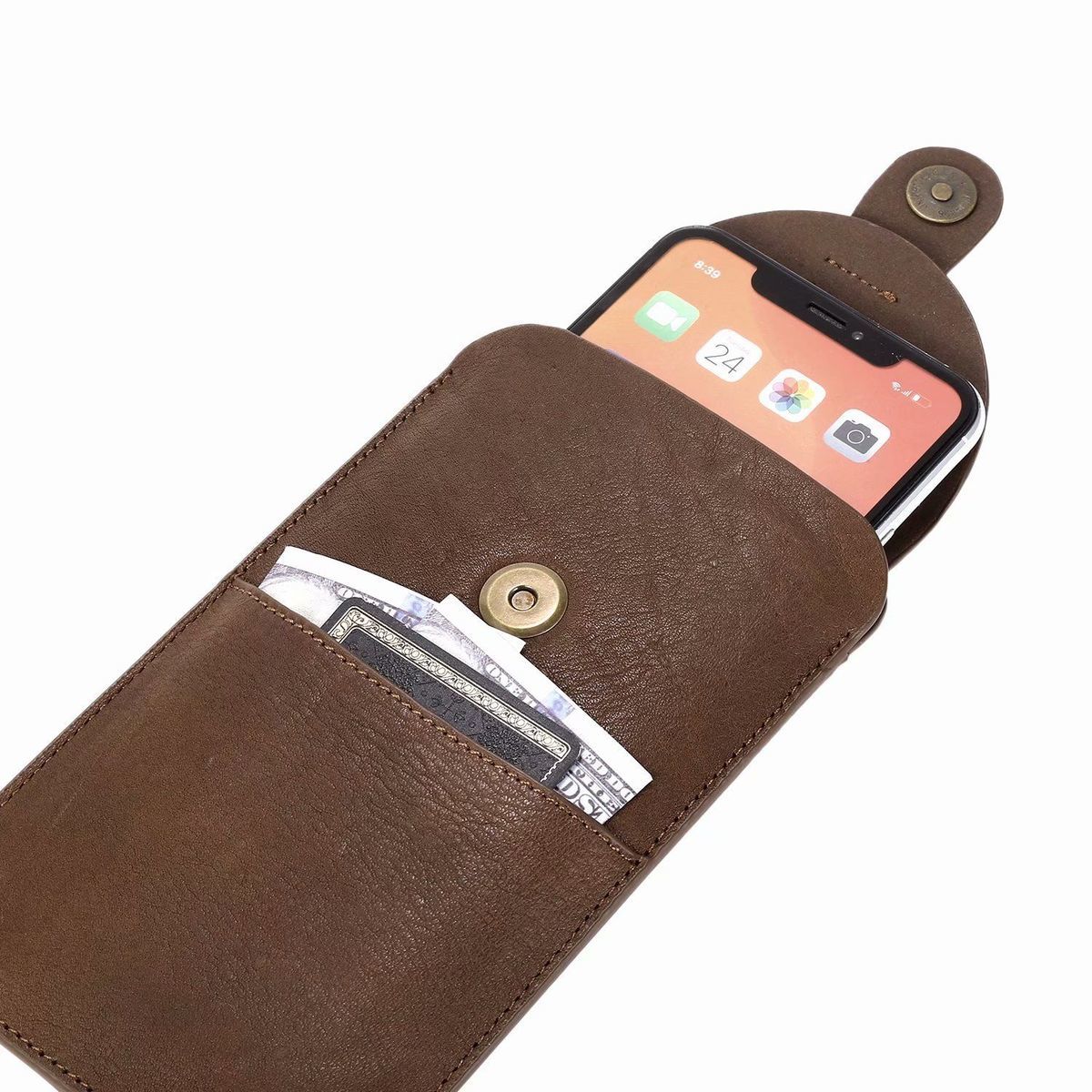 手机腰包苹果华为三星牛皮套手机包腰带挂腰包穿皮带男式竖款黑色47寸