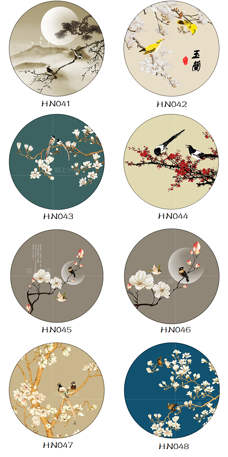 三维工匠新中式屏风纱画定制圆形半透明乔其纱花格画布山水花鸟壁纸