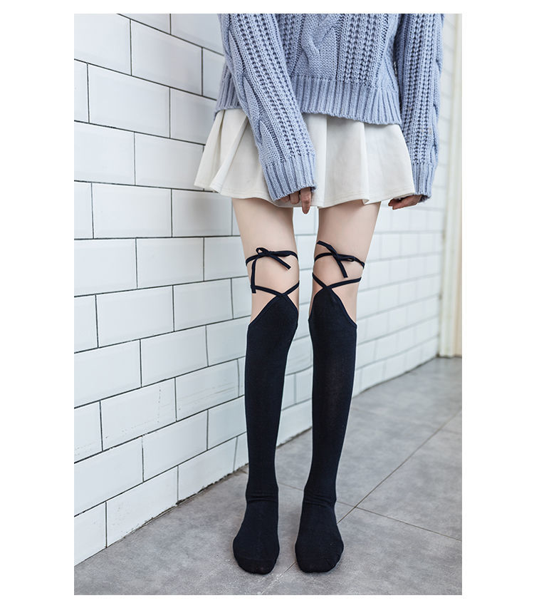 《绑带袜子女长筒袜交叉黑色中筒袜jk袜系带ins潮lolita日系白黑色