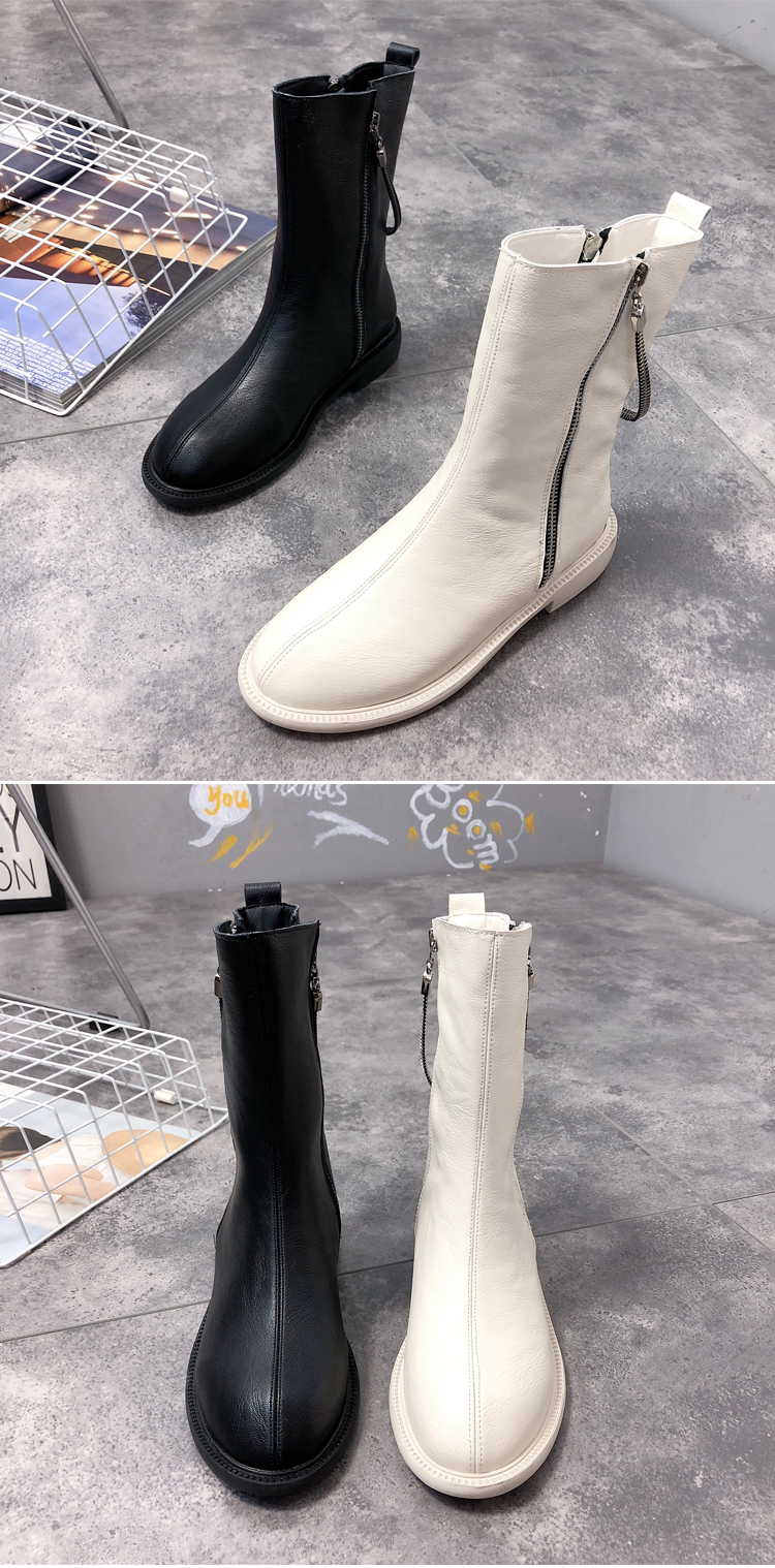热卖英伦时尚双侧拉链平底靴百搭低跟加绒皮靴白色中筒靴机车靴马丁靴
