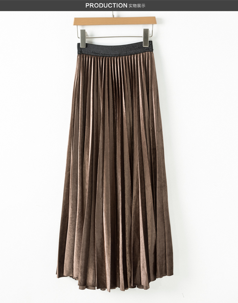 晚白2020秋冬新品简约百搭松紧高腰百褶裙丝绒长裙半裙半身裙女