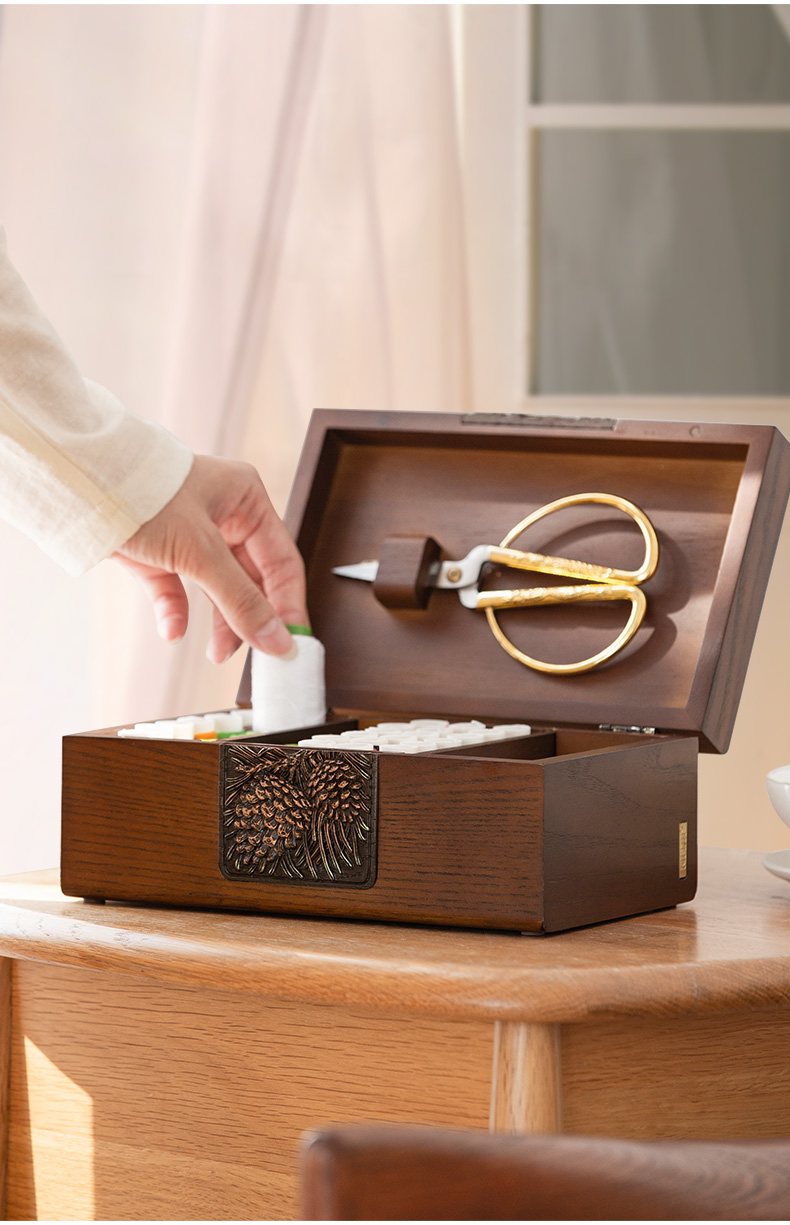 净也那澜多好美式复古针线盒套装家用缝纫线盒针线包木质大号收纳盒