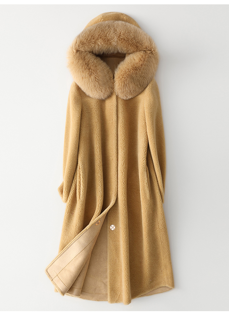 憨厚皇后春季新款羊毛皮大衣女士长款复合皮毛一体连帽外套