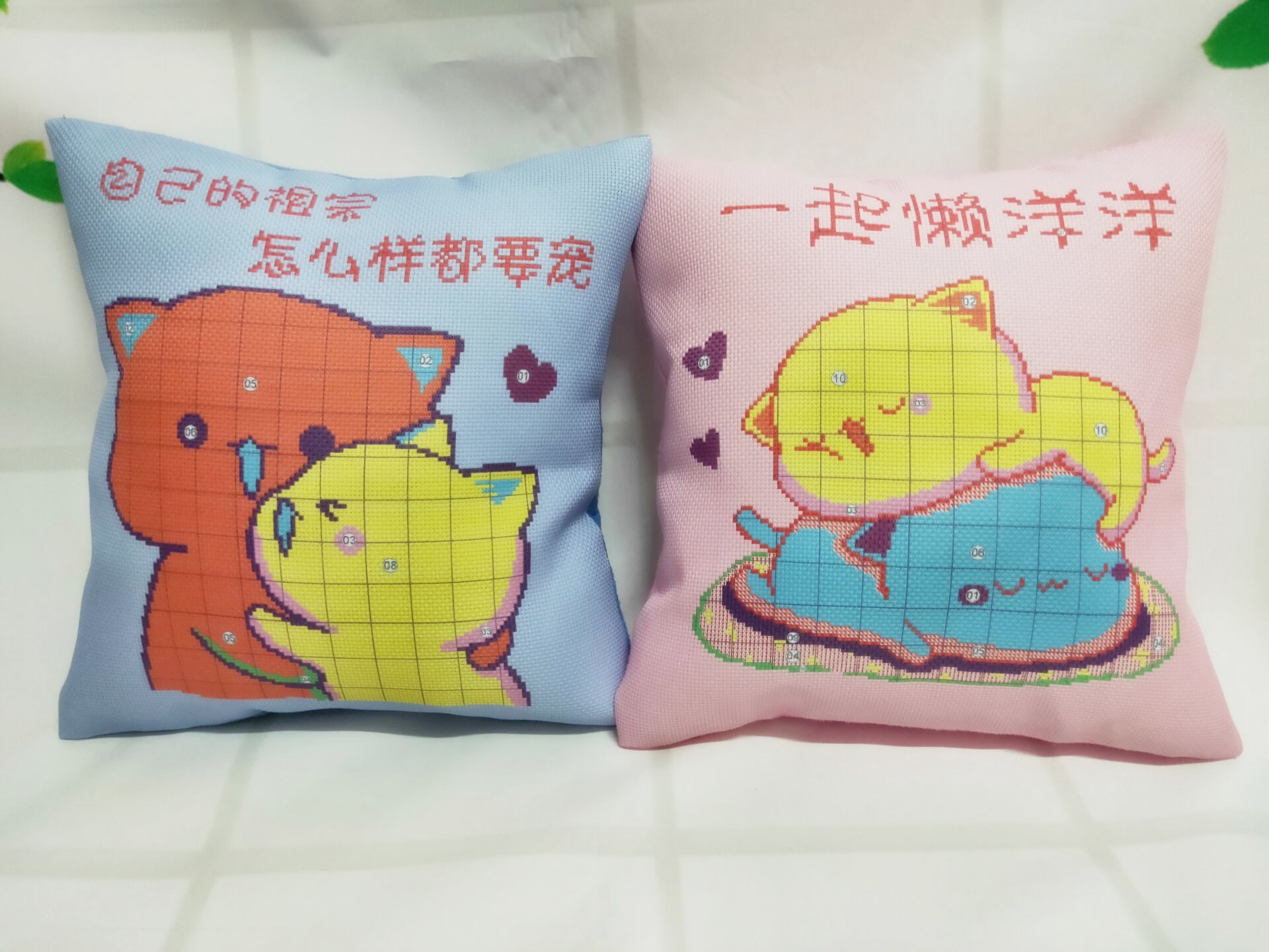 2019新款十字绣抱枕套萌萌可爱卡通动漫情侣蜜桃猫一对自己绣客厅