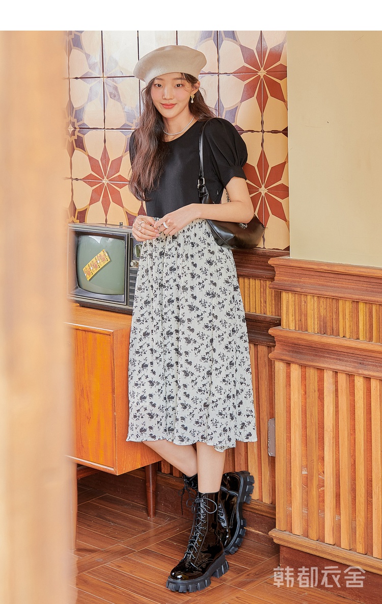 韩都衣舍碎花拼接连衣裙女2021夏季新款韩版女装中长款裙子lu9653