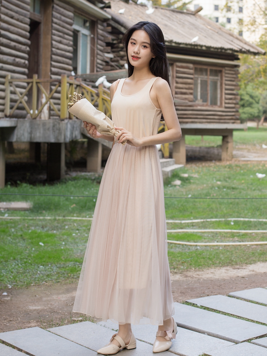 背心纱裙长款复古内搭网纱拼接仙女连衣裙收腰打底长裙小清新吊带