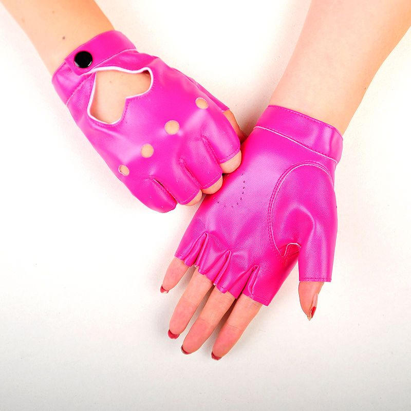 半指皮手套男女铆钉明星款街舞跳舞表演钢管舞镂空舞蹈手套桃心款红色