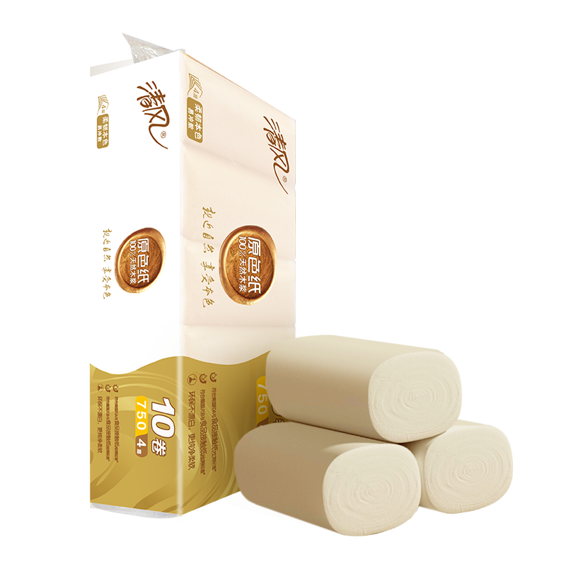 清风卷纸750g原色纸4层无芯卷筒卫生纸厕纸天然木浆本色10卷