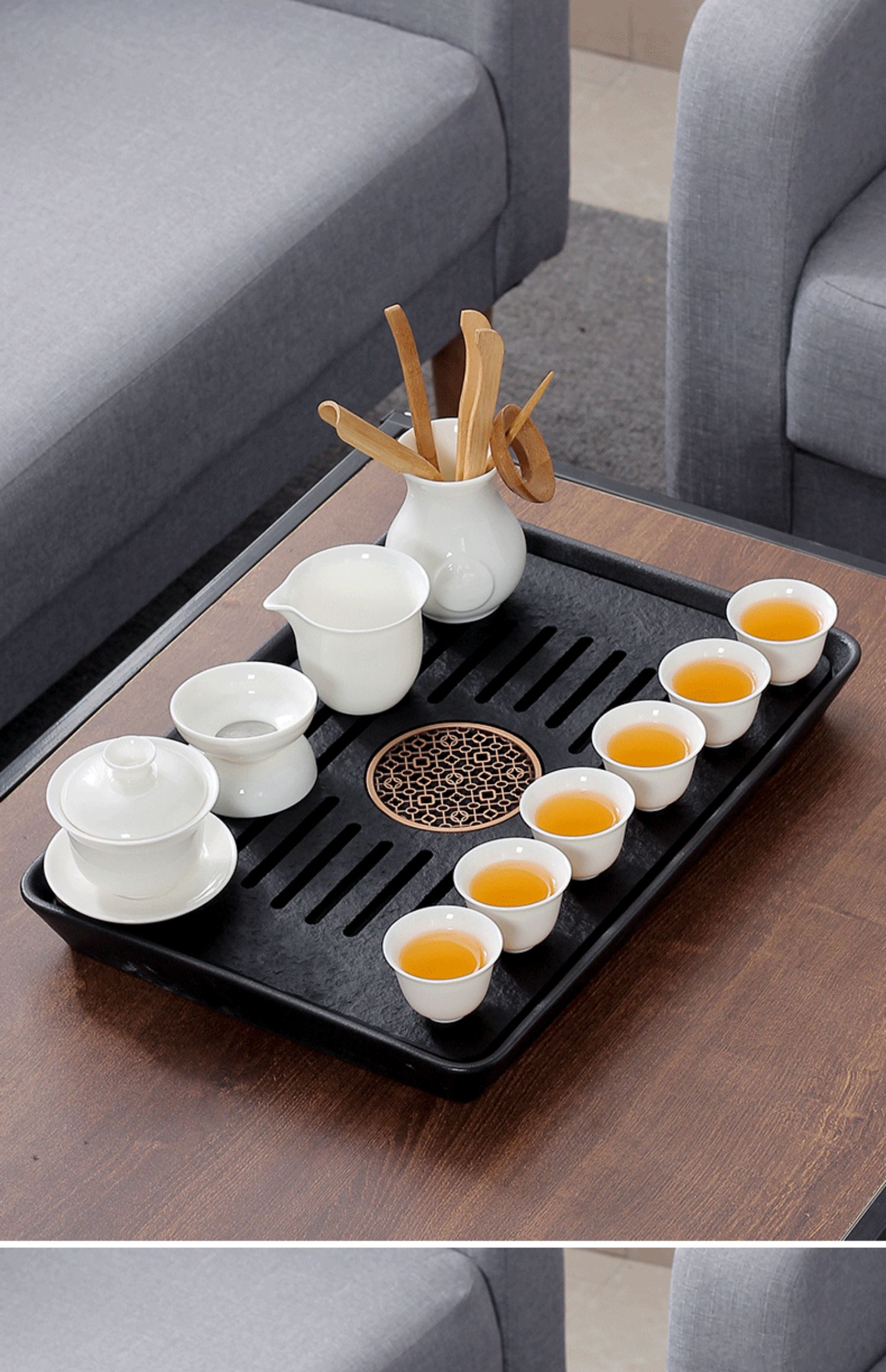 yicheng陶瓷储水茶盘排水乌金石小型茶台中式简约家用长方形办公托盘