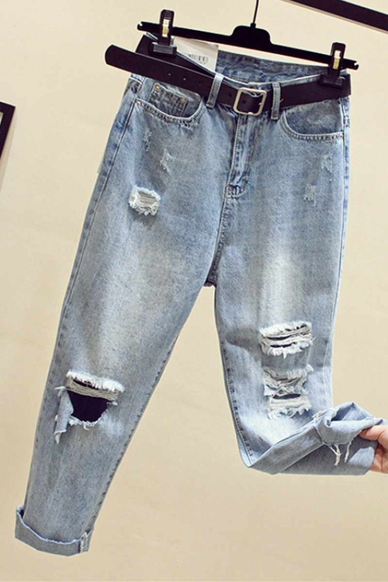 2020春款韩版大码胖mm破洞九分牛仔裤女宽松显瘦老爹哈伦