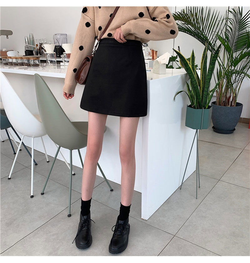 高腰毛呢带内衬短裙适合胯大腿粗的半身裙秋冬女小个子显高a字裙 广赫