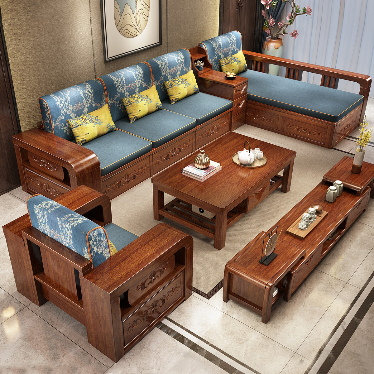 木格尚品 胡桃木沙发小户型实木沙发现代客厅家具简约高箱储物布艺