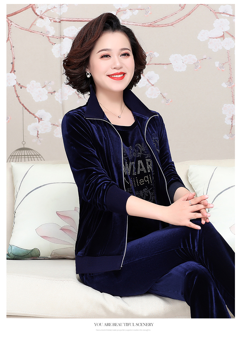 新款中老年女装春秋印花金丝绒休闲运动套装妈妈40岁秋装外套三件套女