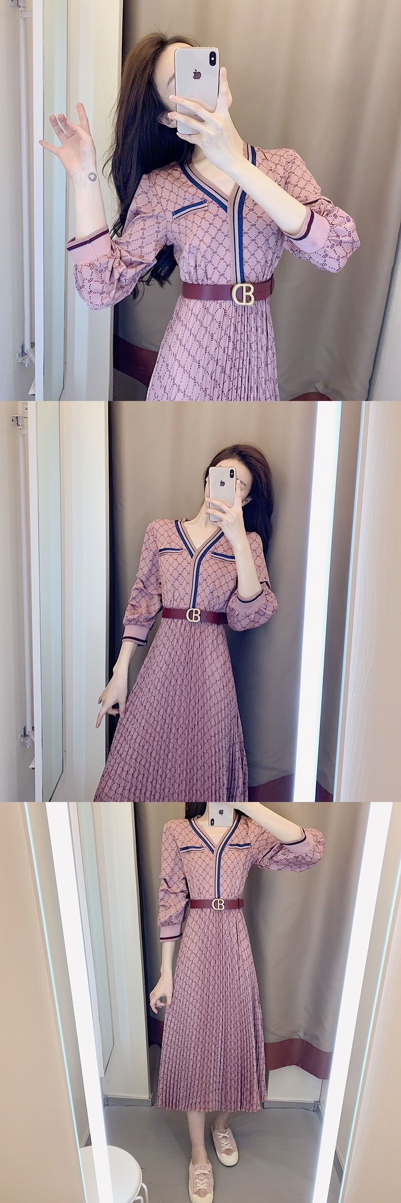 2021春秋季新款女装v领长袖百褶中长款香风名媛显瘦连衣裙气质丹仔