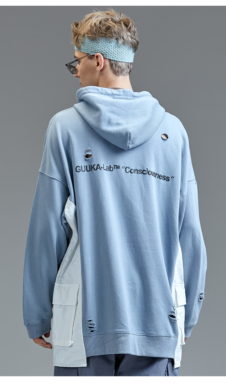 guuka潮牌雾霾蓝卫衣男连帽青少年嘻哈白色口袋拼接破洞卫衣宽松