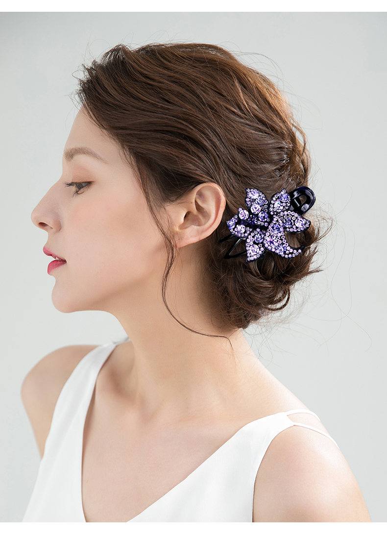三齿鸭盘发头饰水钻大号一字夹子优雅花朵盘头百搭女发夹顶夹 jimi