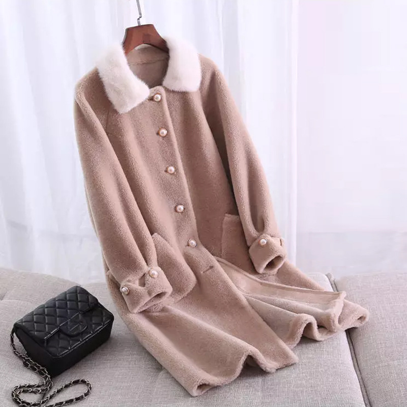 熙然2020新款羊剪绒大衣女中长款水貂领冬装颗粒羊毛复合皮毛一体外套